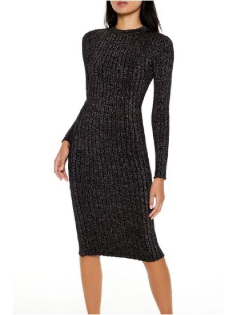 Forever 21 Metallic Ribbed Long-Sleeve Midi Dress in Black